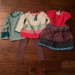 EUC Matilda Jane Size 6 Red and Green Christmas Set- 2 tops, 1 leggings, & dress